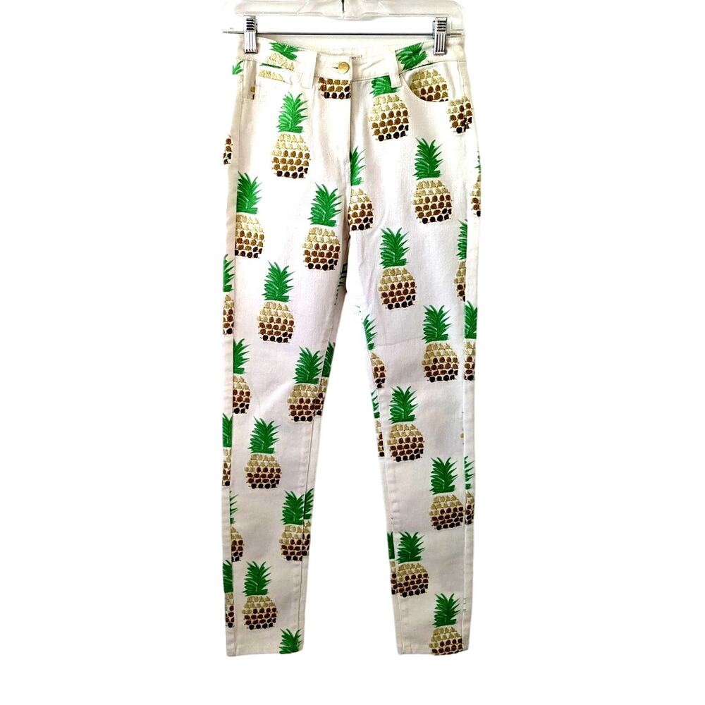 Manoush Sz 34 (FR) White Skinny Leg Jeans with Embroidered Pineapple Detail